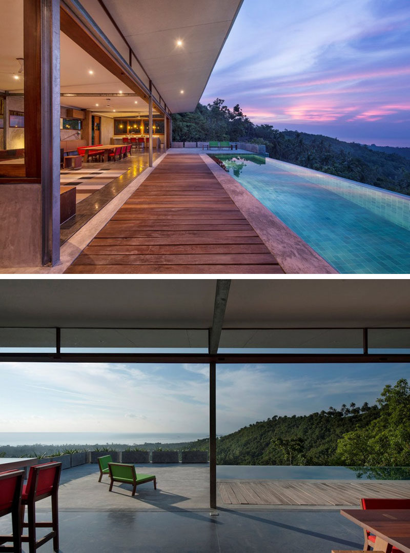 This home opens up to have amazing views of trees and ocean.