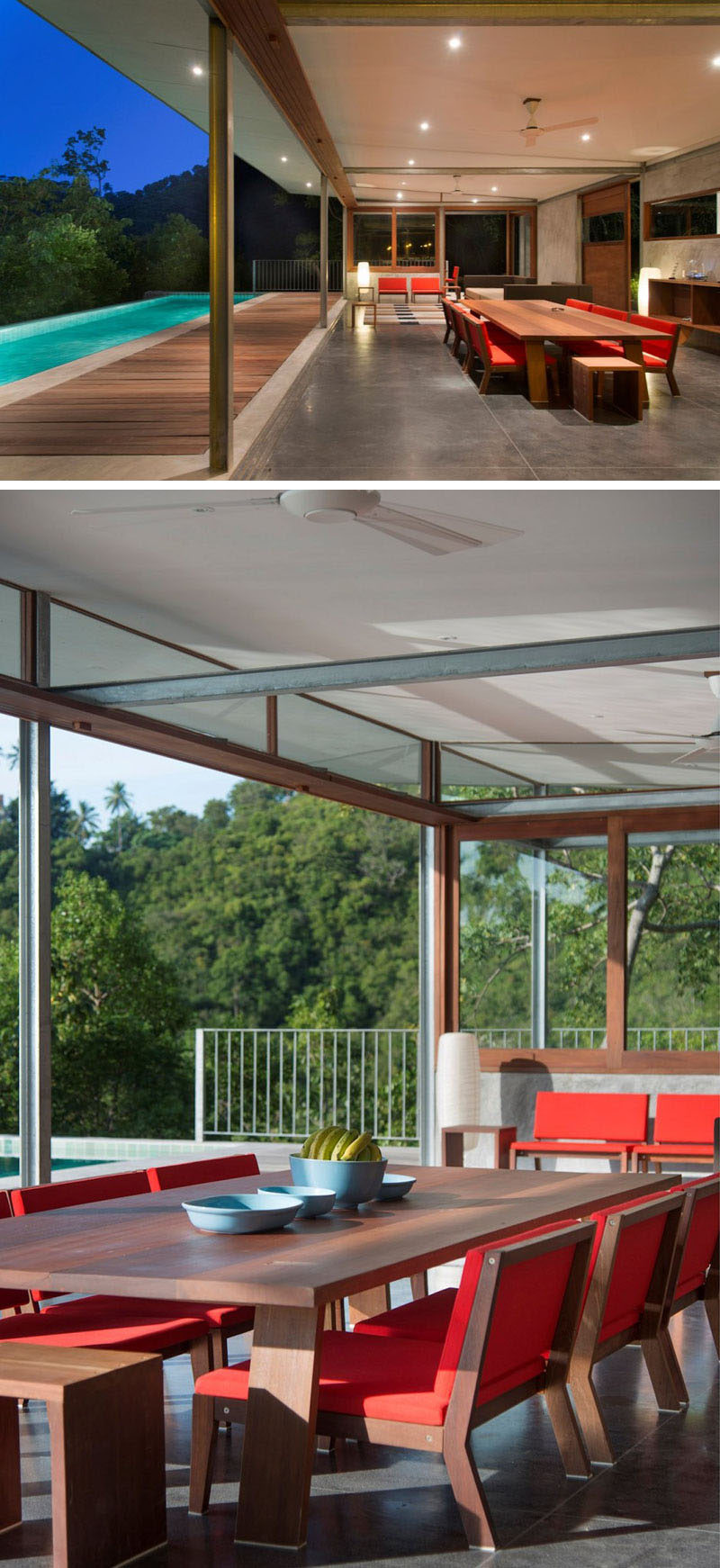 A large wood dining table with red chairs is central to the open plan living space of this Thai home.