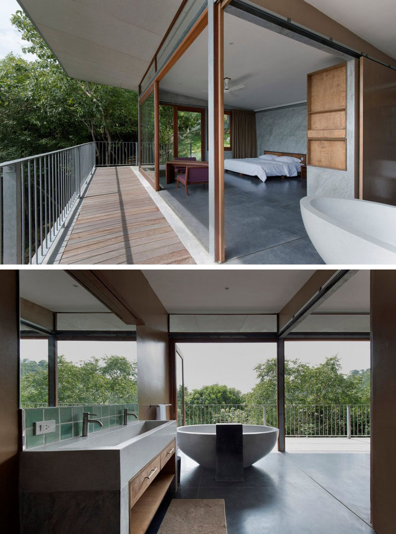 The walls in this bedroom and bathroom open to the outdoors.