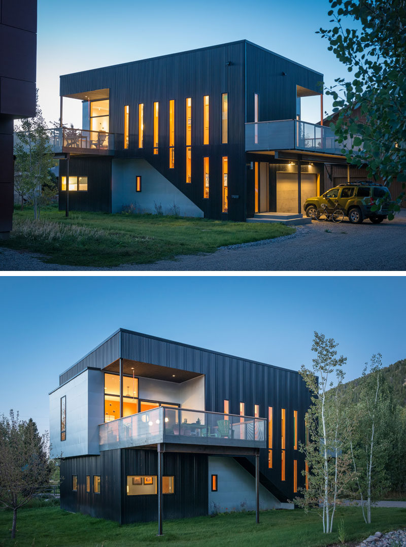 Decks and window openings are carved out of the box form of this home, to capture daylight and to connect the upper living spaces to views of the surrounding ski fields.