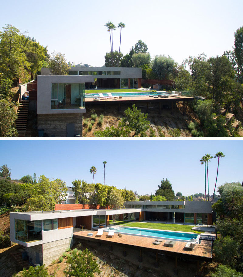 At the rear of this Californian home the site is very steep, so a platform was built to provide space for a pool deck.