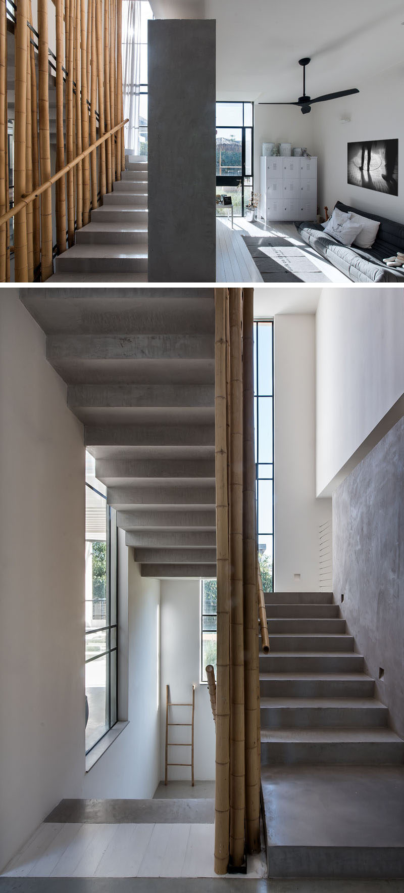 Bamboo lines the concrete stairs that lead you to the upper floor of this home.