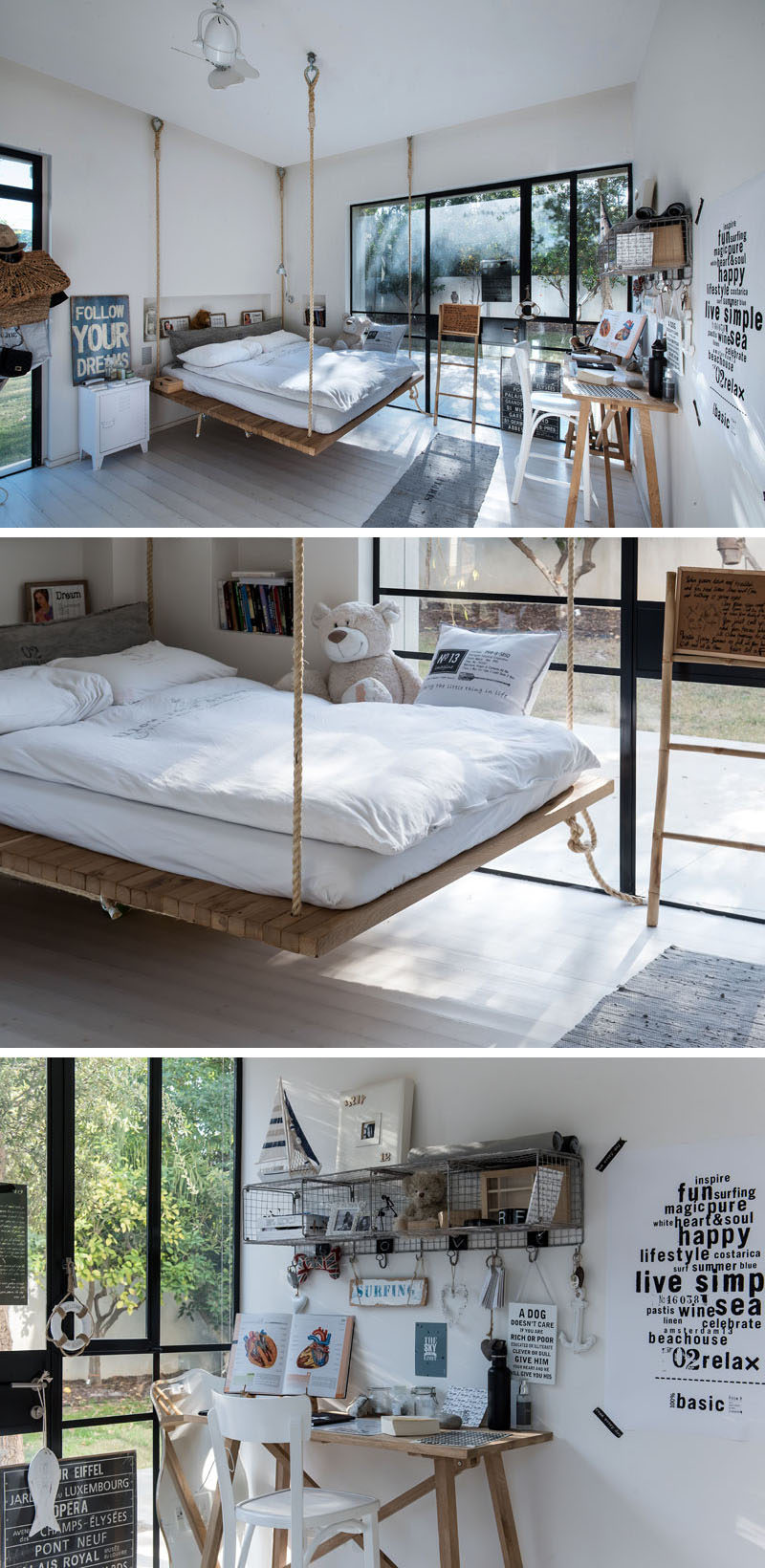 This teenager’s bedrooms has a bed that is suspended from the ceiling using heavy duty rope and fixtures.