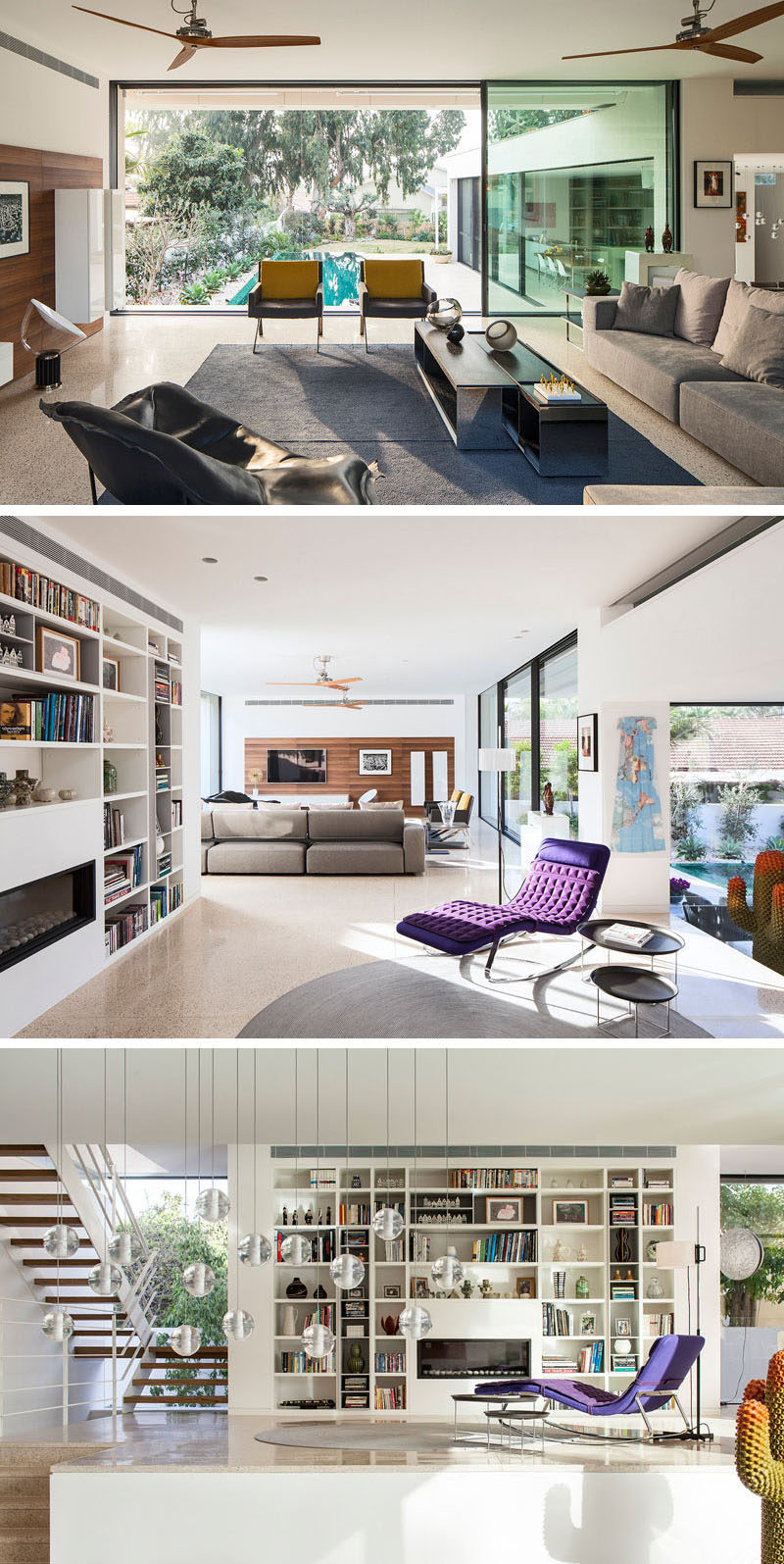 This living room has large sliding glass doors that open to the pool below. There's also a floor-to-ceiling bookshelf with integrated fireplace.