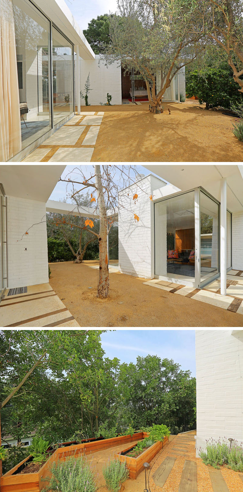 Minimal landscaping makes the surrounding area of this small home easy to maintain. A small vegetable garden in built-in planters has also been included.