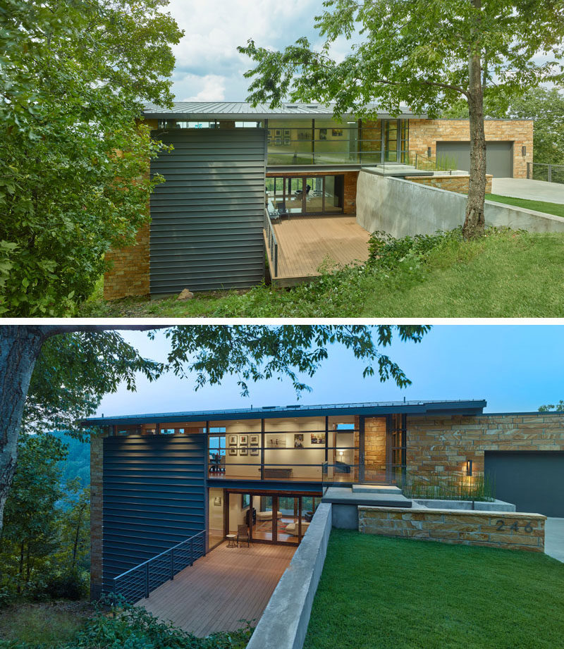 The multi-level home has used materials such as stone, steel and glass, with deliberate emphasis given to exterior views for color, and landscape for an accent. 