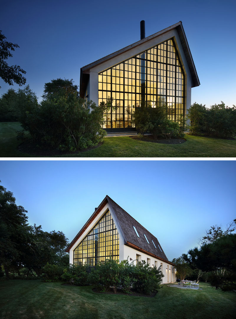 At each end of this guest house, large double height end windows create a lantern-like appearance and provide views of the landscaping.