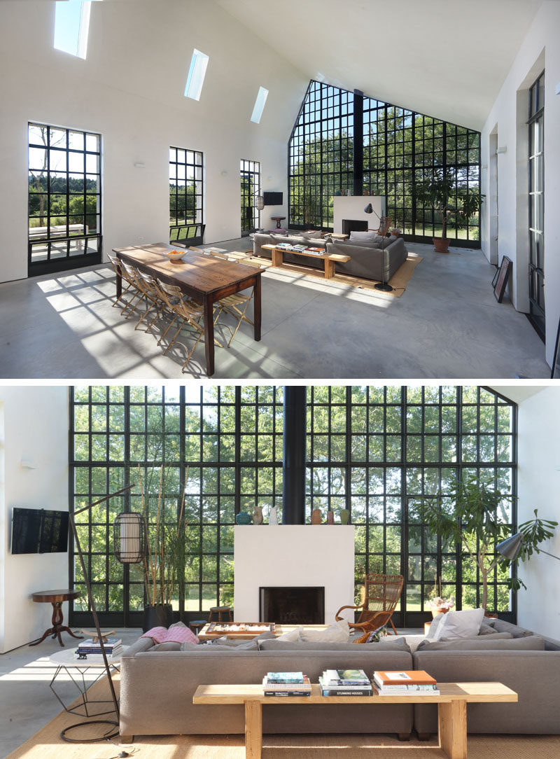 This guest house has an open floor plan, similar to that of a NYC loft. The black steel casement windows are a strong contrast to the white walls and radiant concrete flooring.