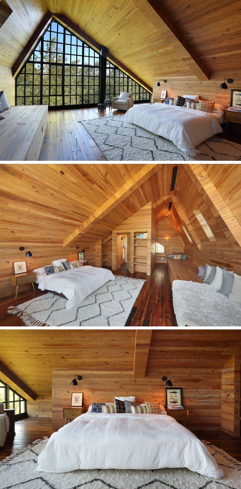 This bedroom is surrounded by wood and has views of the treetops through the black steel casement windows.