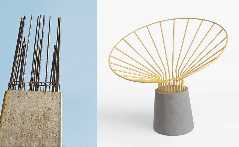 Bent steel rods have been combined with concrete to create this unique outdoor chair design.