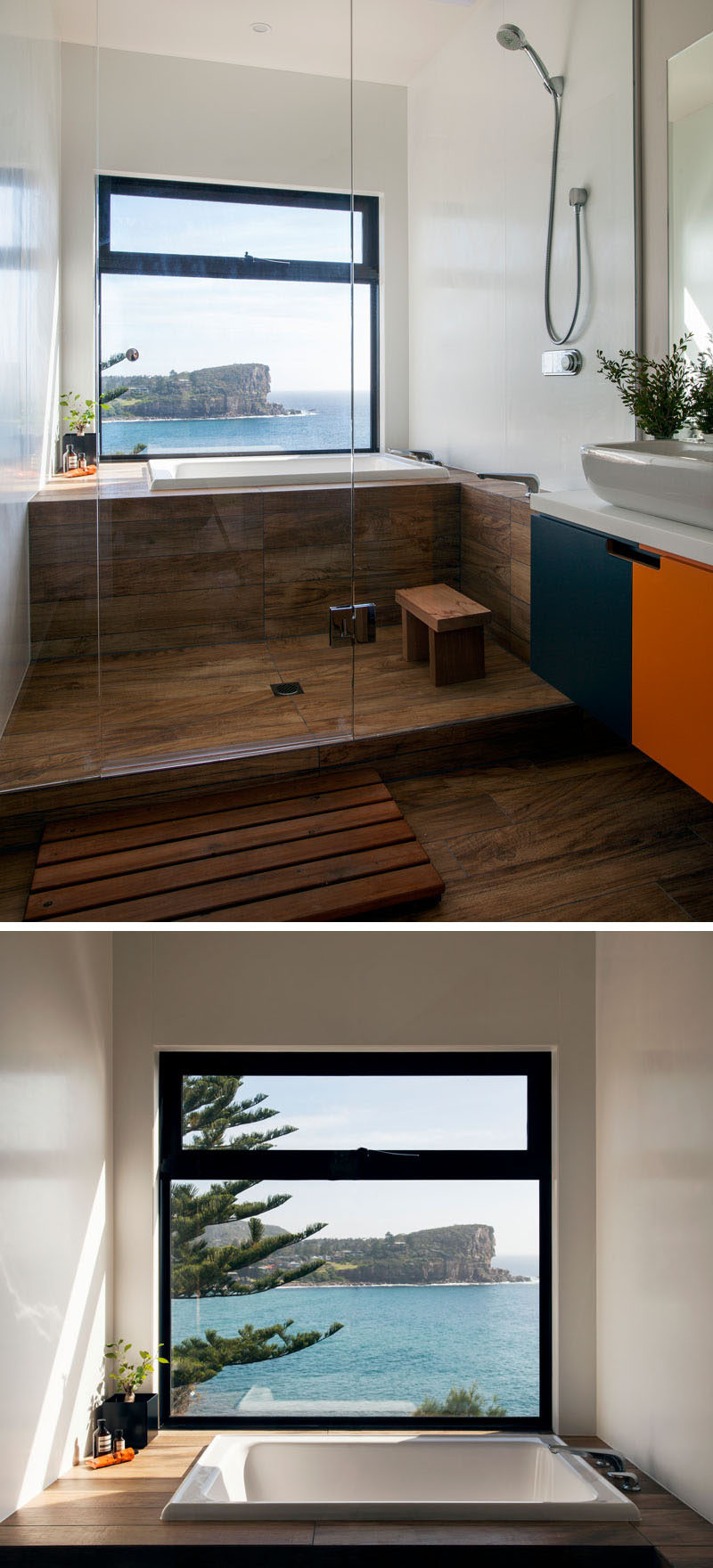 This bathroom has a large window that provides an uninterrupted view of the ocean and beach below from the bath.