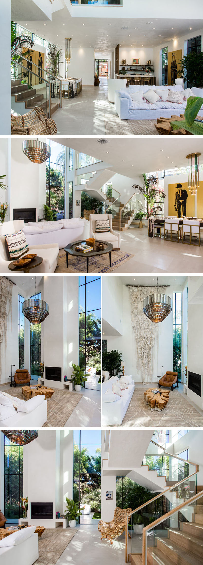 In the main living area of this home, there's the dining room, bar and lounge, which is focused on the fireplace. White furnishings have been paired with tropical plants, wood and gold accents, while a dramatic wall hanging spans the double-height ceiling.