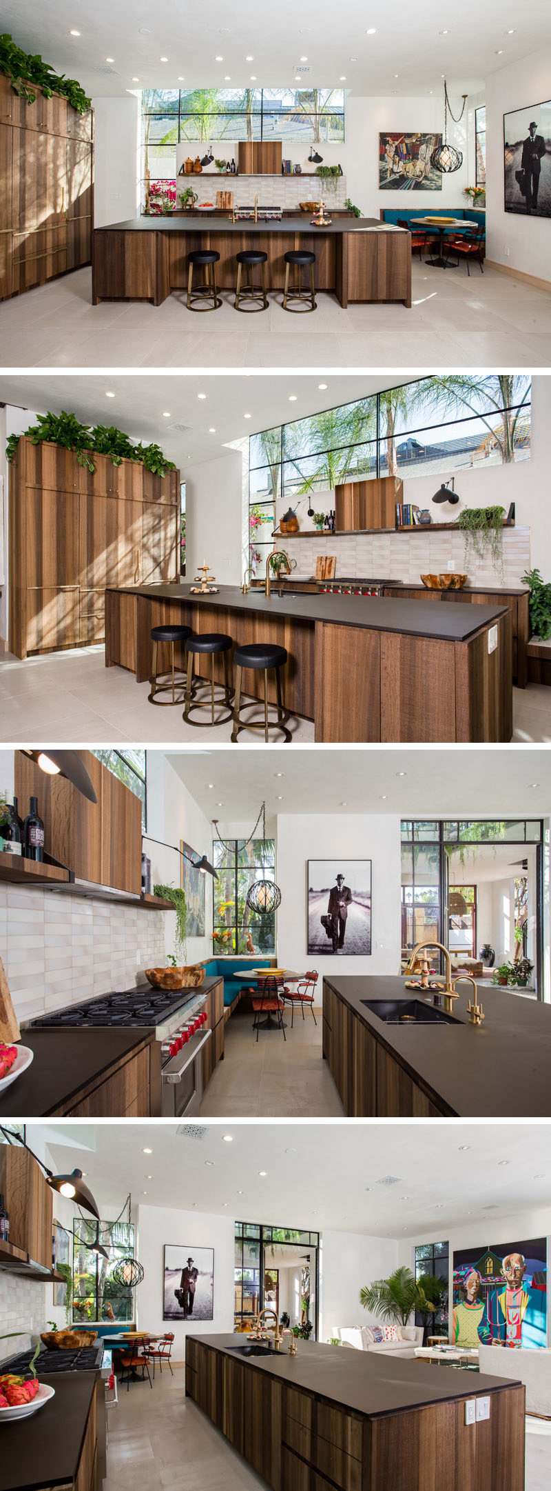 This open and airy kitchen has a small breakfast nook and an island large enough to have space for three seats. Even though the kitchen is wood, the kitchen doesn't feel closed-in due to the bright white walls and placement of the windows.