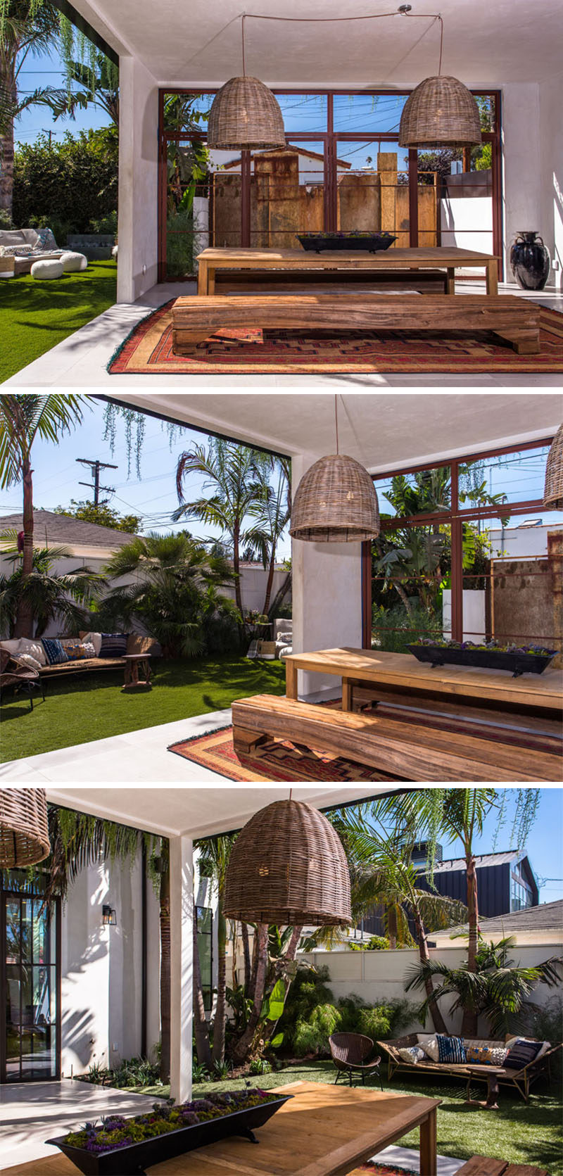 Two large pendant lights hang above a wooden dining table with benches as seats, to create a covered outdoor dining room.