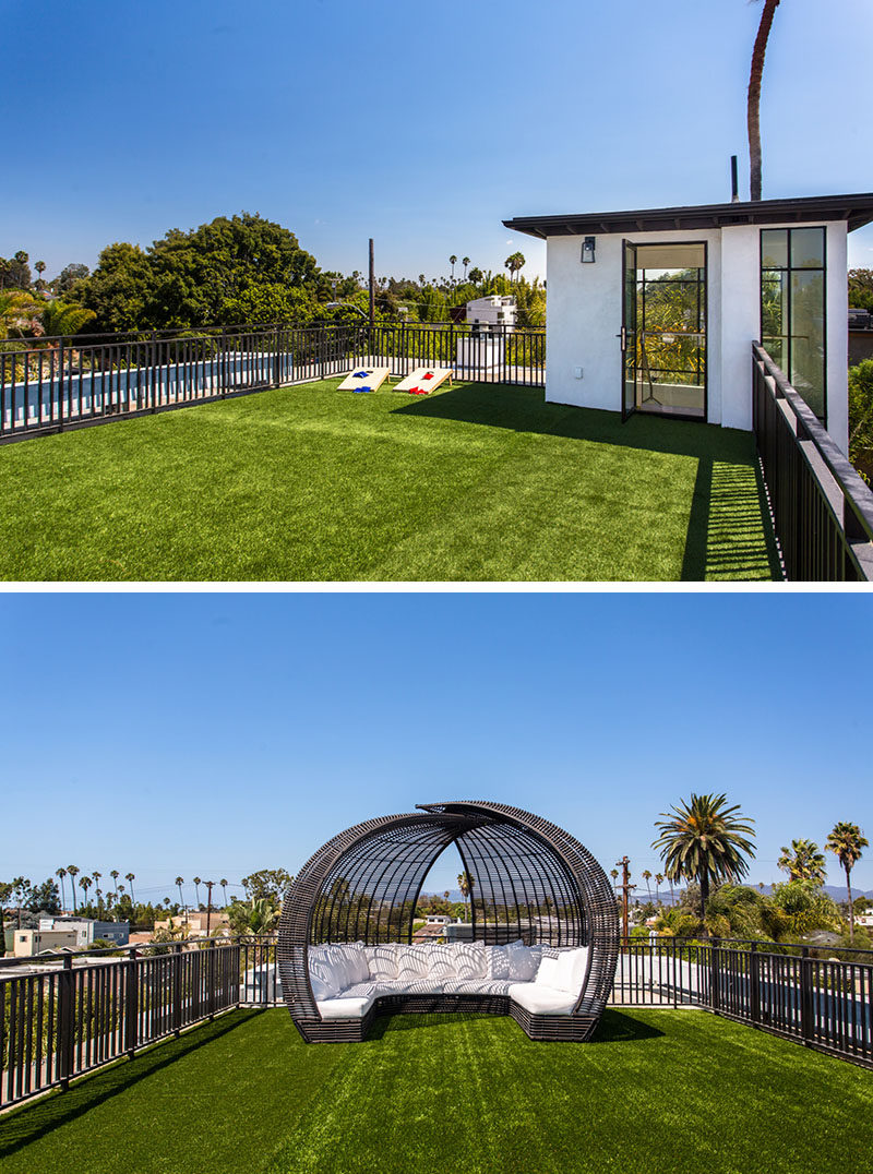 This artificial grass covered roof is set up for lounging and playing games