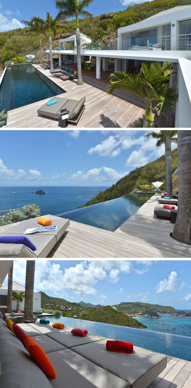 This villa has a 20 meter long, heated infinity pool looking out over the ocean, and areas are dedicated to relaxing on the surrounding deck.