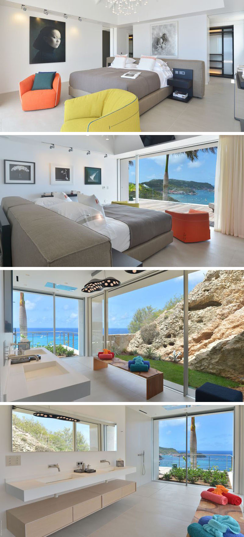 This bedroom has the bed positioned in the center of the room, idea for views out of the floor-to-ceiling windows. In the bathroom, the large windows let in an abundance of natural light and provide views of the water.