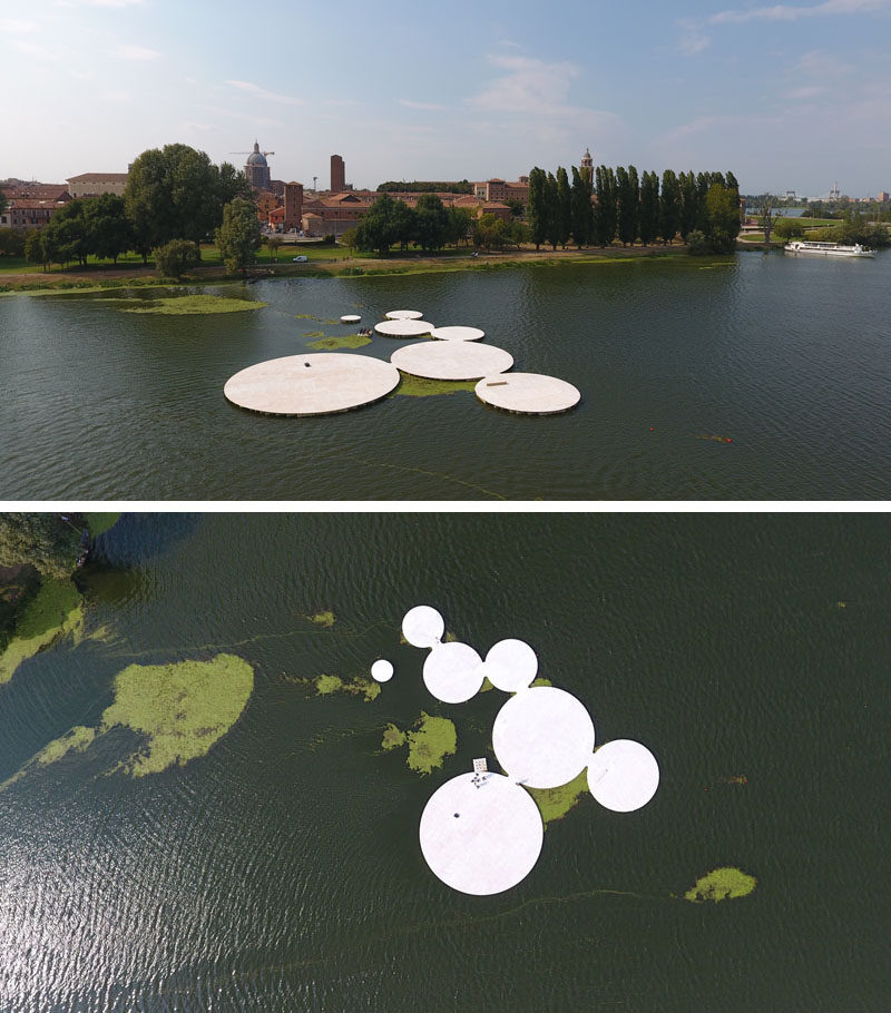 Floating islands, inspired by the lotus plant, have become a performance space on a lake in Italy.