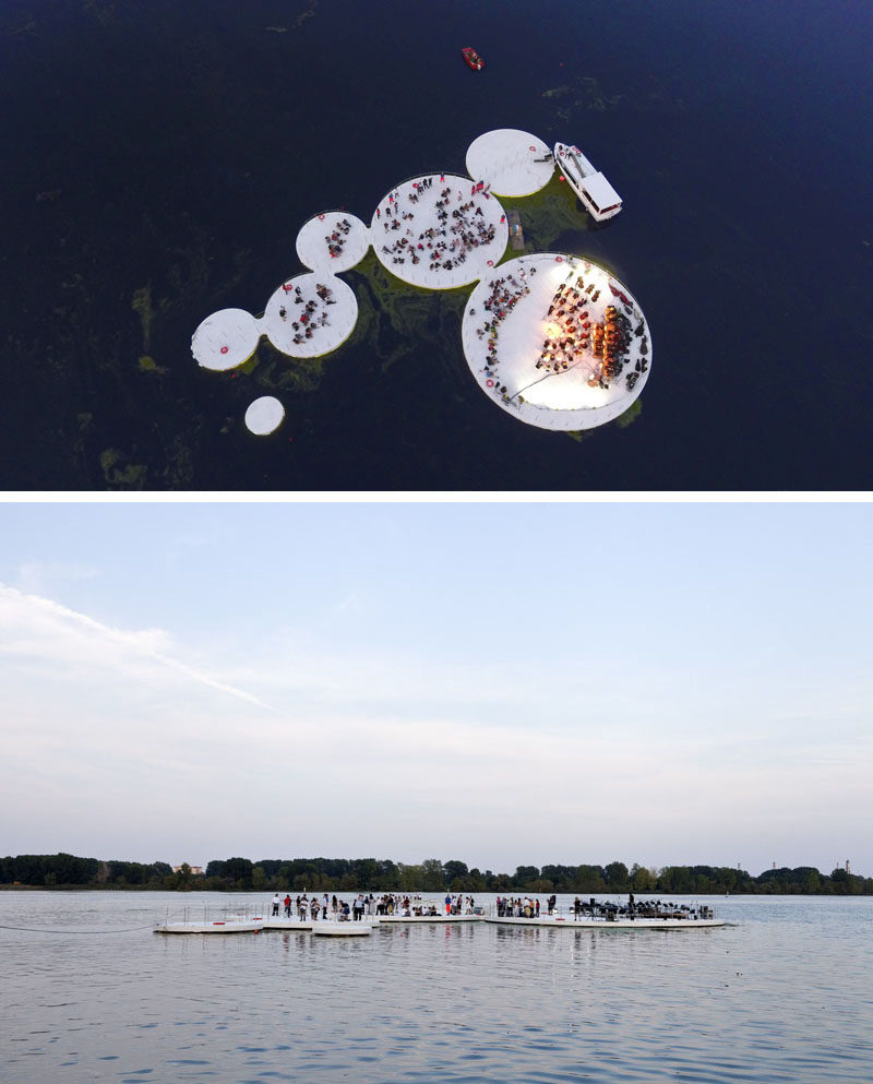 Floating islands, inspired by the lotus plant, have become a performance space on a lake in Italy.