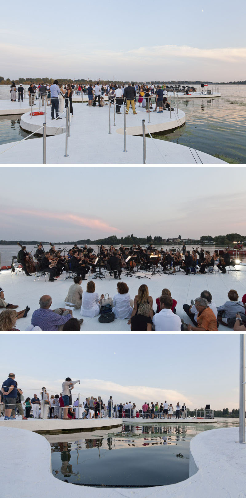 Floating islands, inspired by the lotus plant, have become a performance space on a lake in Italy.