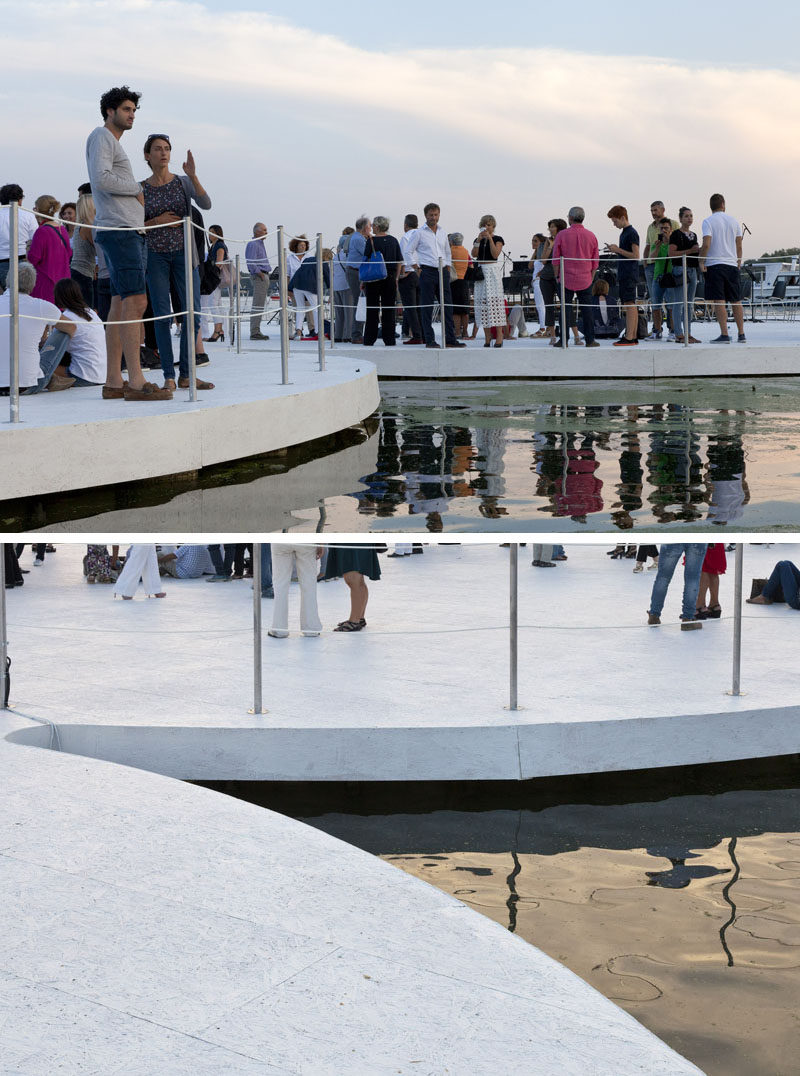 Floating islands, inspired by the lotus plant, have become a performance space on a lake in Italy.