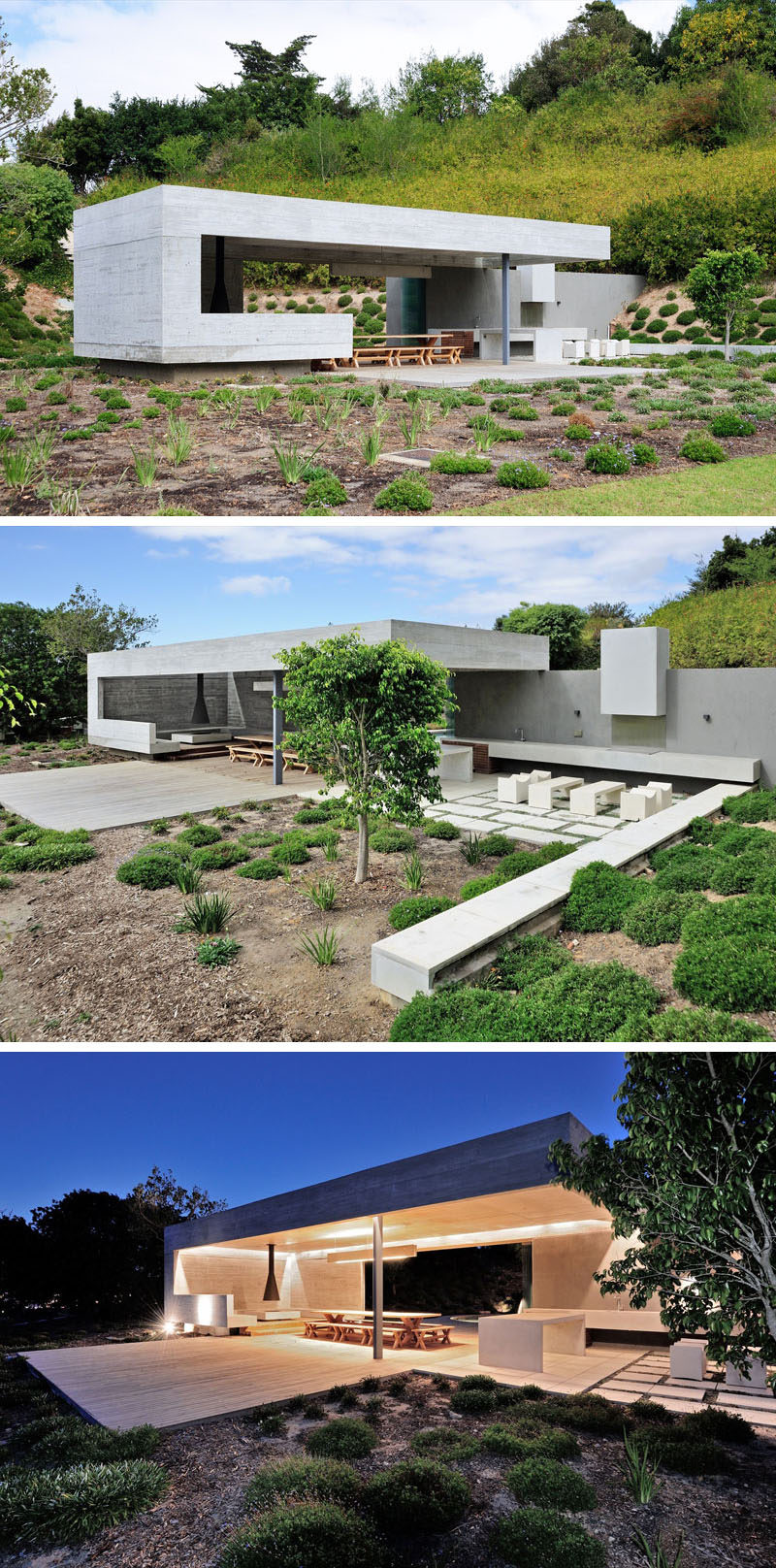 This garden pavilion has an outdoor kitchen, dining area and fireplace with built-in concrete bench seating.