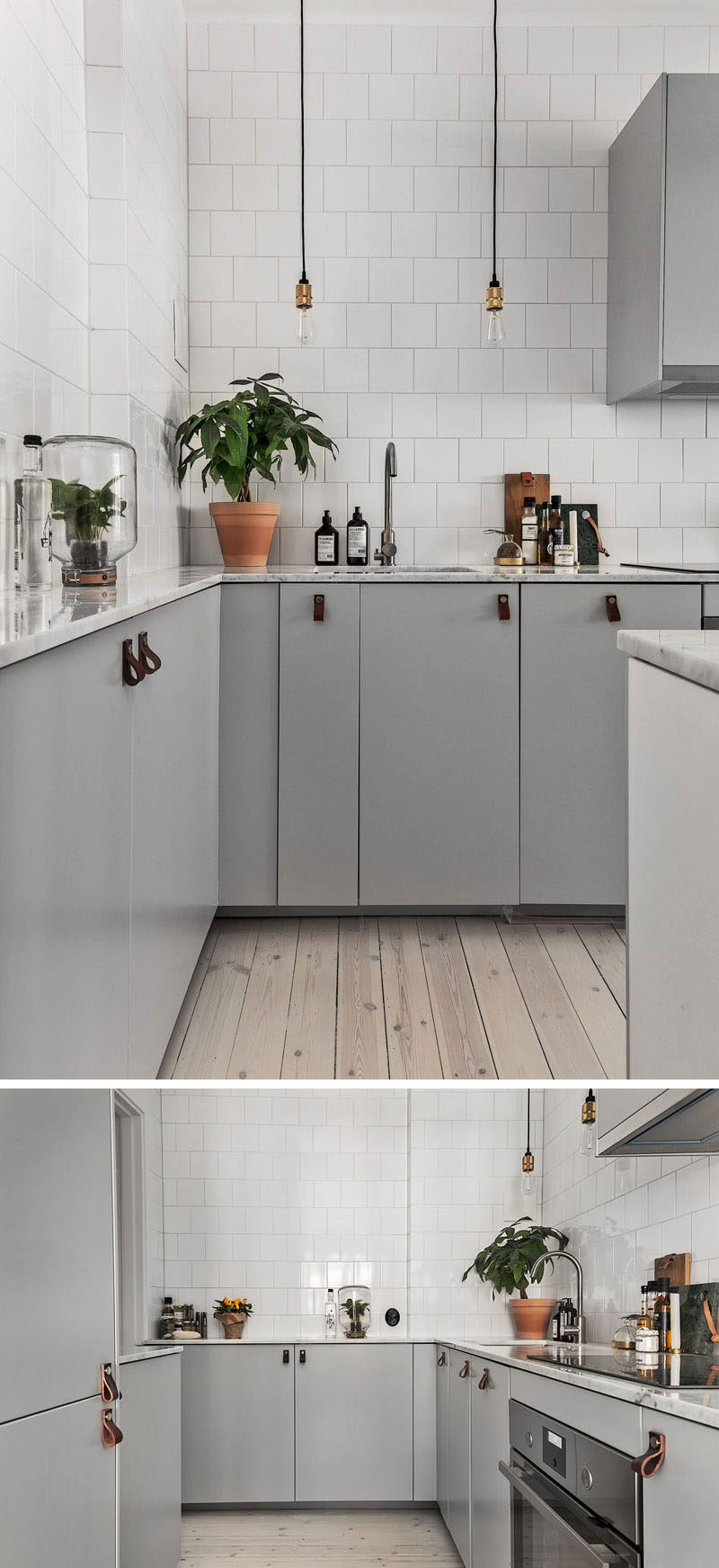 12 Examples Of Sophisticated Gray Kitchen Cabinets // Minimalist, gray cabinets have been paired with white tiles and leather pulls in this kitchen.