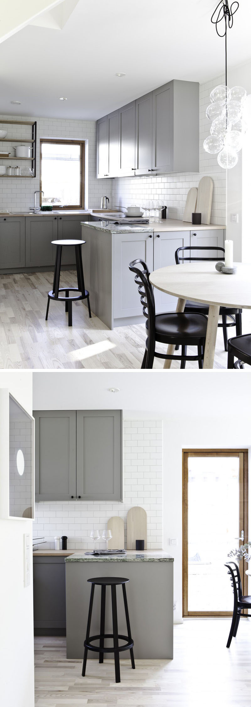 12 Examples Of Sophisticated Gray Kitchen Cabinets // The light gray cabinets, the open shelving, and the white subway tiles in this kitchen make it feel mature, bright, and modern.