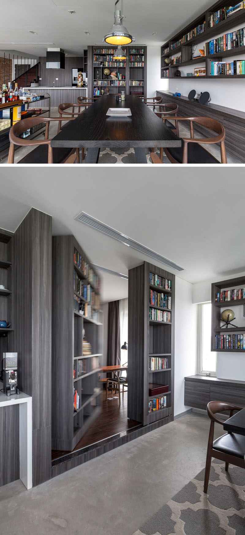 A secret guest bedroom/home office is hidden behind a bookshelf in this home.