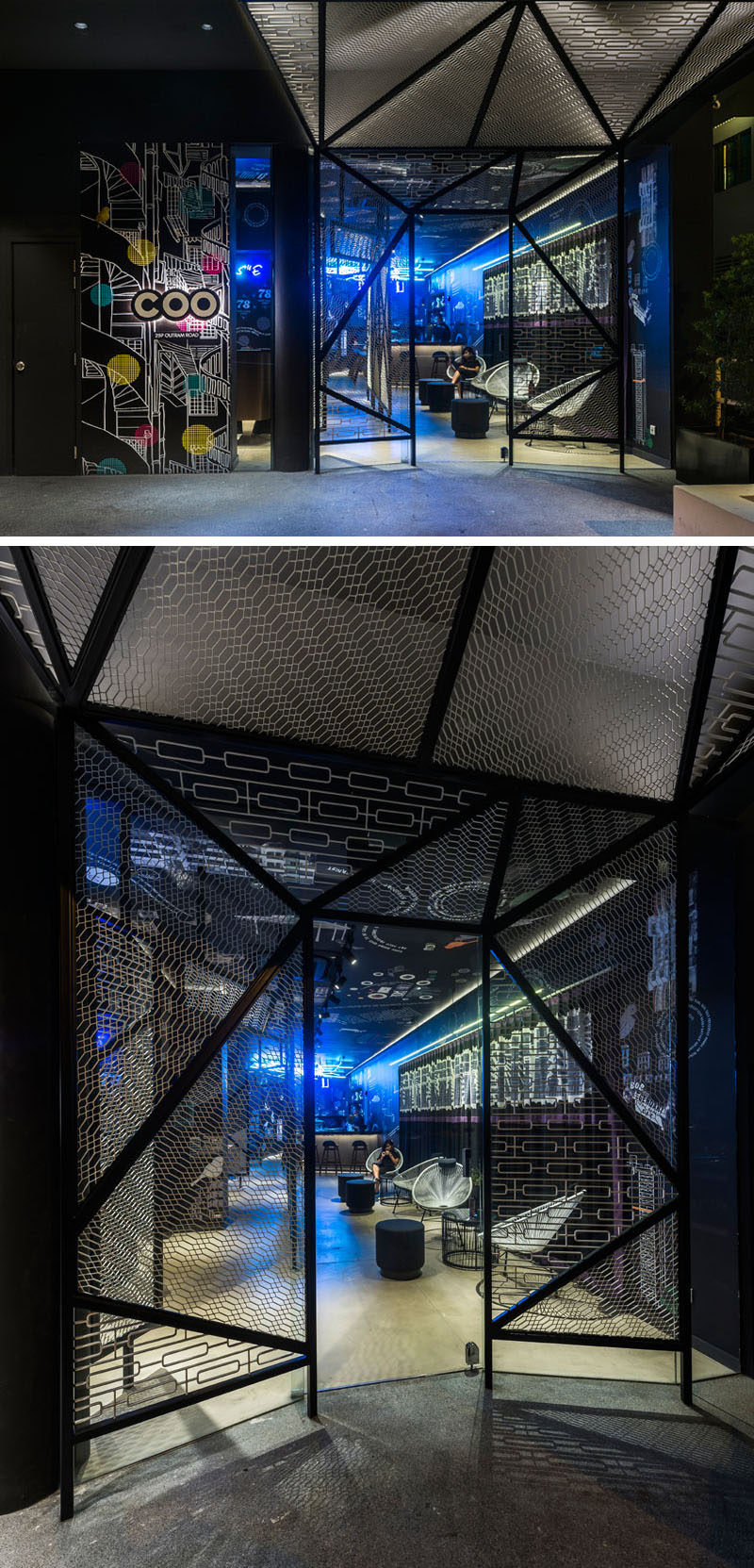 The eye-catching entrance of this Singaporean hostel is framed by metal mesh, taking cues from the metal gates of the old housing estates around the area