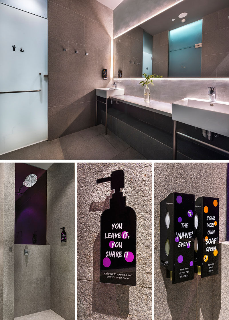 In the shared bathrooms, there are rain showers and custom-designed soap and shampoo graphics. A large back-lit mirror provides a soft glow to the room.