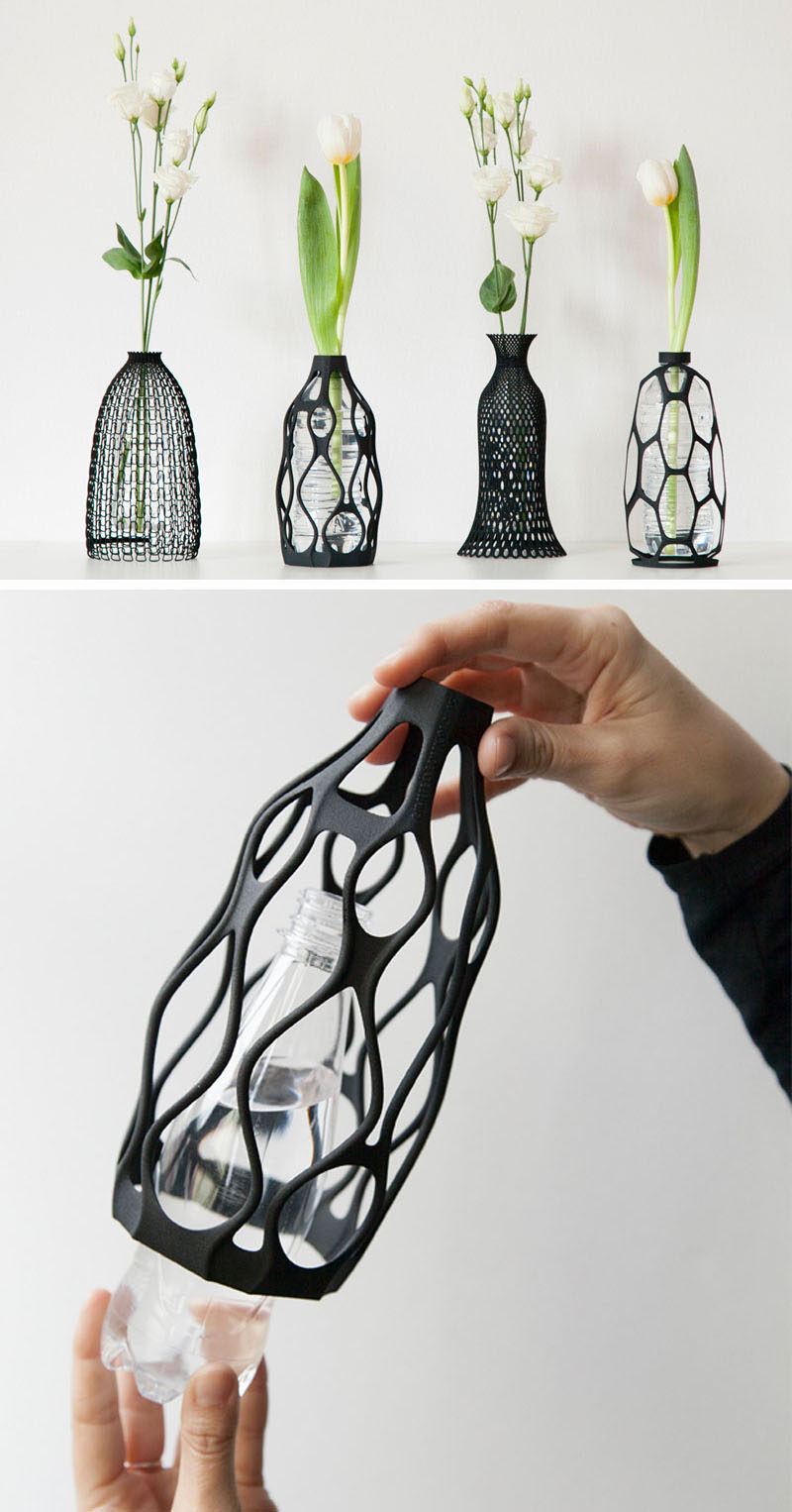 These 3D printed sculptural vase exteriors can be placed over the top of a water bottle, and can be screwed on like a cap.