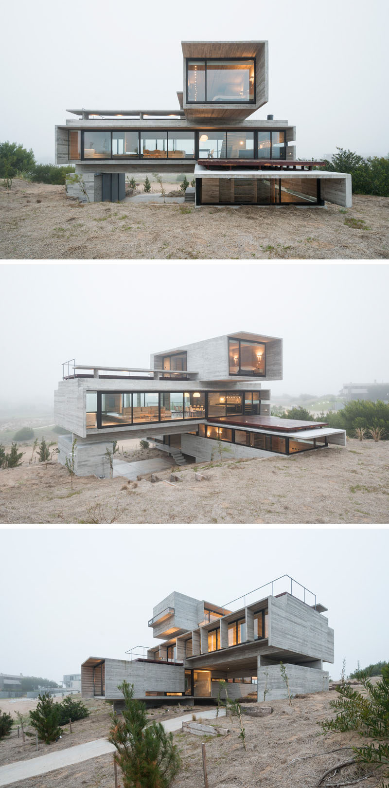 Architect Luciano Kruk designed a house made of three stacked forms of rough unfinished concrete overlooking a golf course in Argentina.