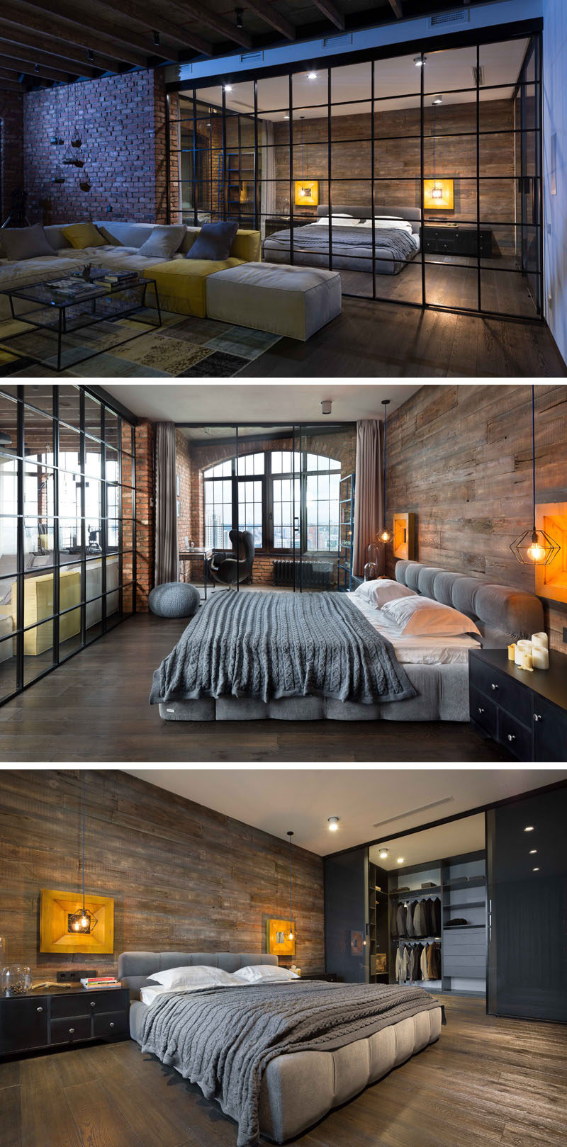 This loft apartment features a large bedroom that's separated from the living area by glass wall.