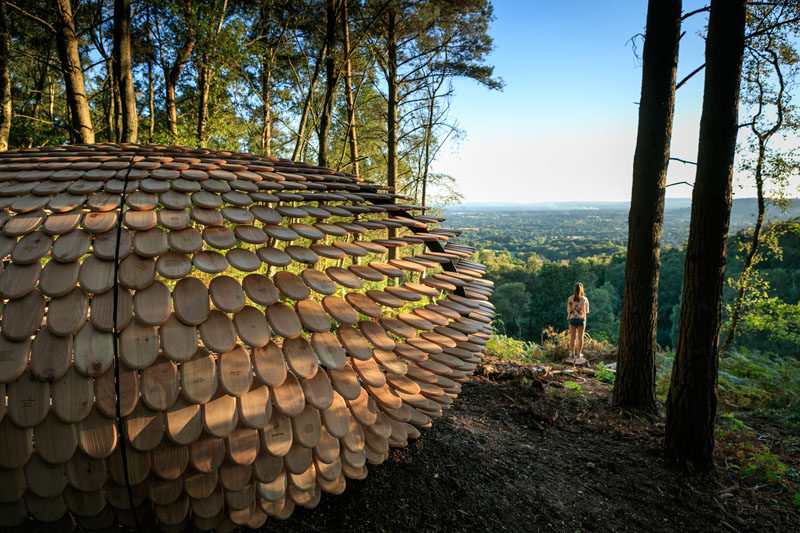 'Perspectives' is the first permanent architectural installation designed by Giles Miller Studio. The installation is covered in cedar shingles with messages etched into them.