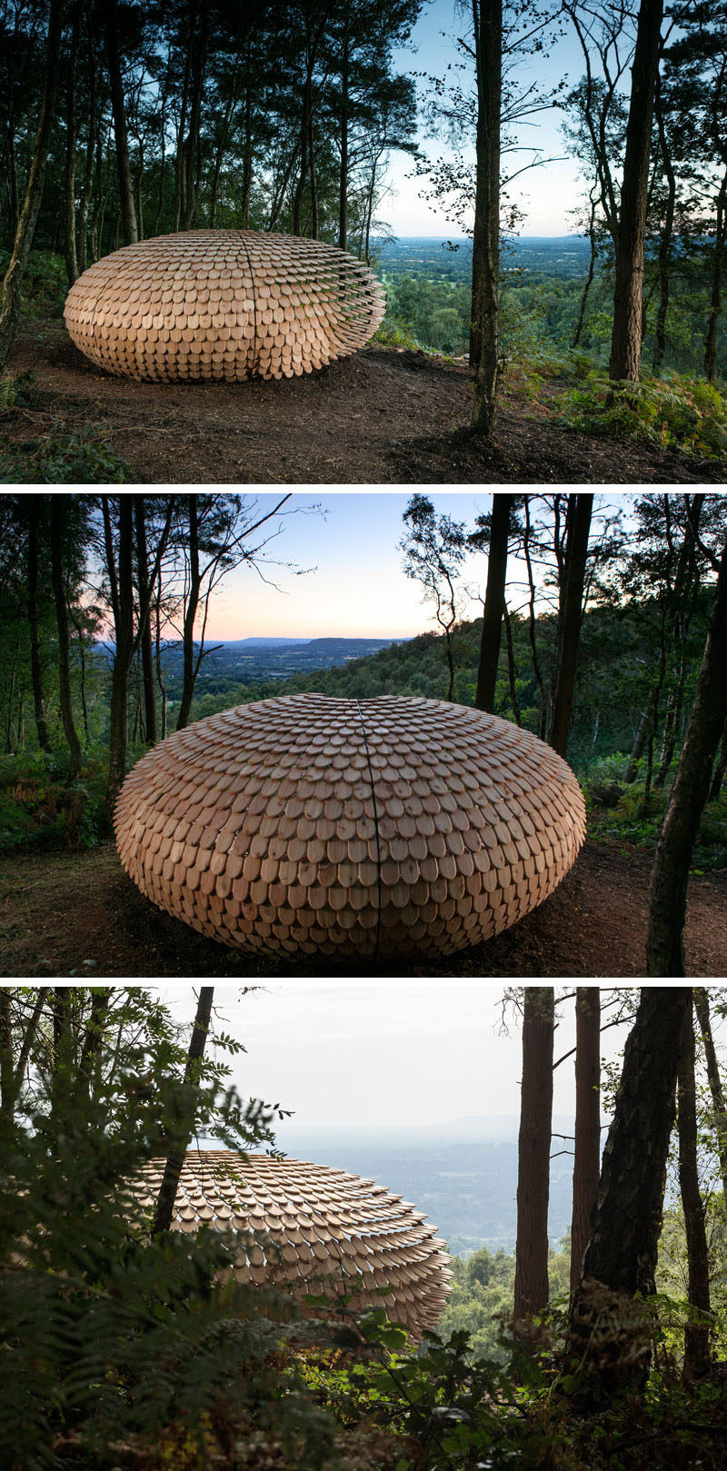 'Perspectives' is the first permanent architectural installation designed by Giles Miller Studio. The installation is covered in cedar shingles with messages etched into them.