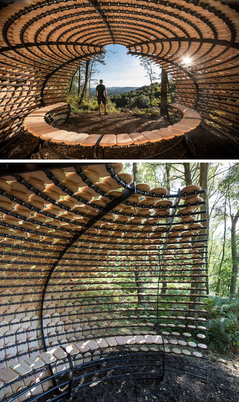 'Perspectives' is the first permanent architectural installation designed by Giles Miller Studio. The installation is covered in cedar shingles with messages etched into them.