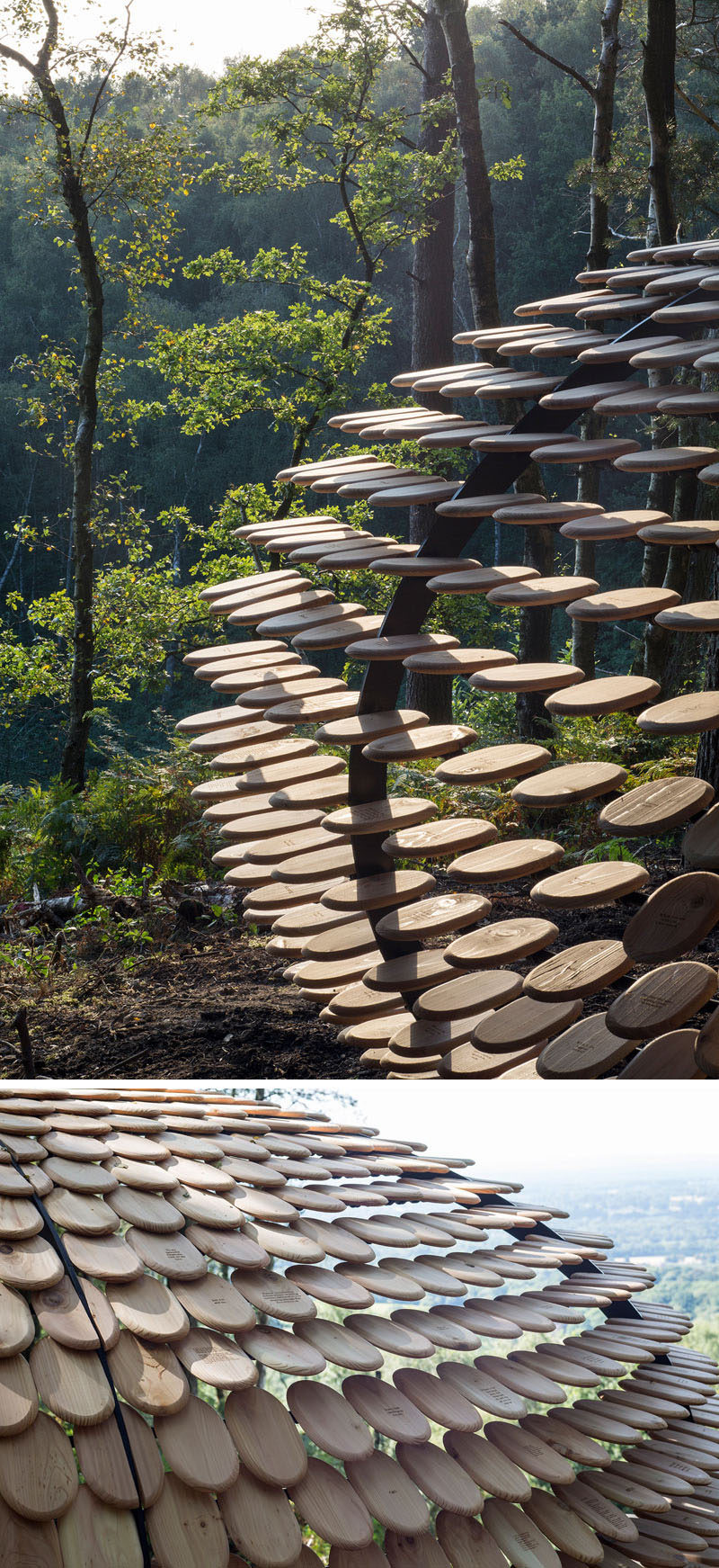 'Perspectives' is the first permanent architectural installation designed by Giles Miller Studio. The installation is covered in cedar shingles with messages etched into them.