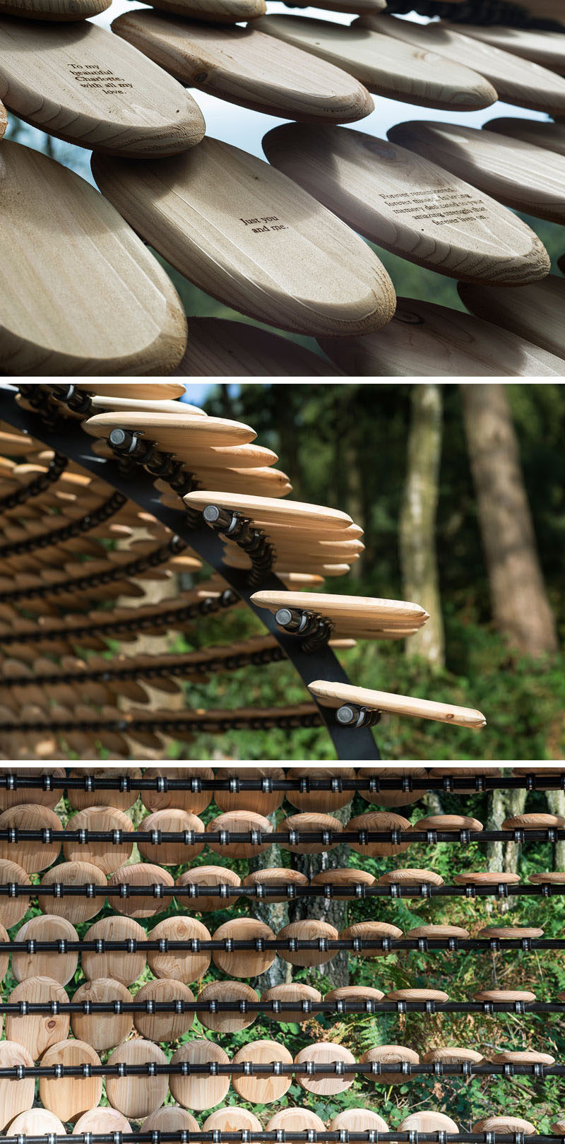 'Perspectives' is the first permanent architectural installation designed by Giles Miller Studio. The installation is covered in cedar shingles with messages etched into them.