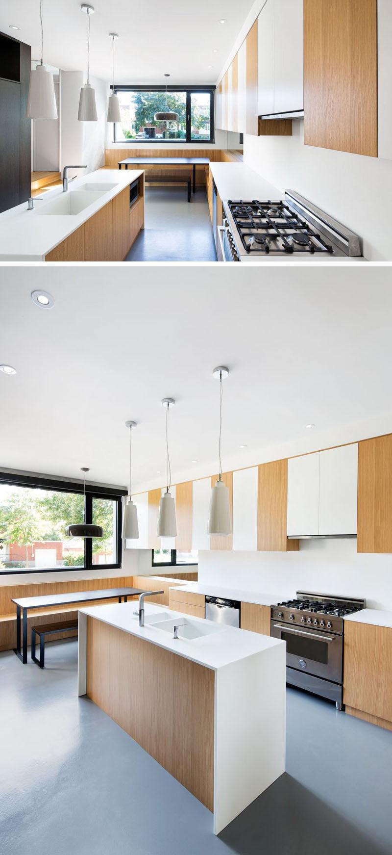 KITCHEN DESIGN IDEA - 7 Kitchen Sinks Integrated Into The Countertop // This kitchen island has two sinks both that flow right from the countertop all the way to drain. It makes the space more functional and able to be cleaned easier.