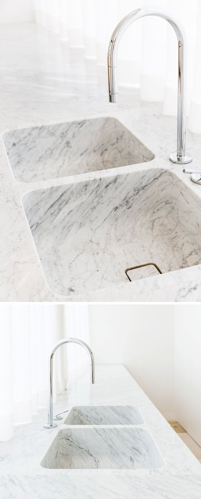 KITCHEN DESIGN IDEA - 7 Kitchen Sinks Integrated Into The Countertop // These two integrated sinks showcase the beauty of marble by allowing the striations to continue from the countertop down into the base of the sink.