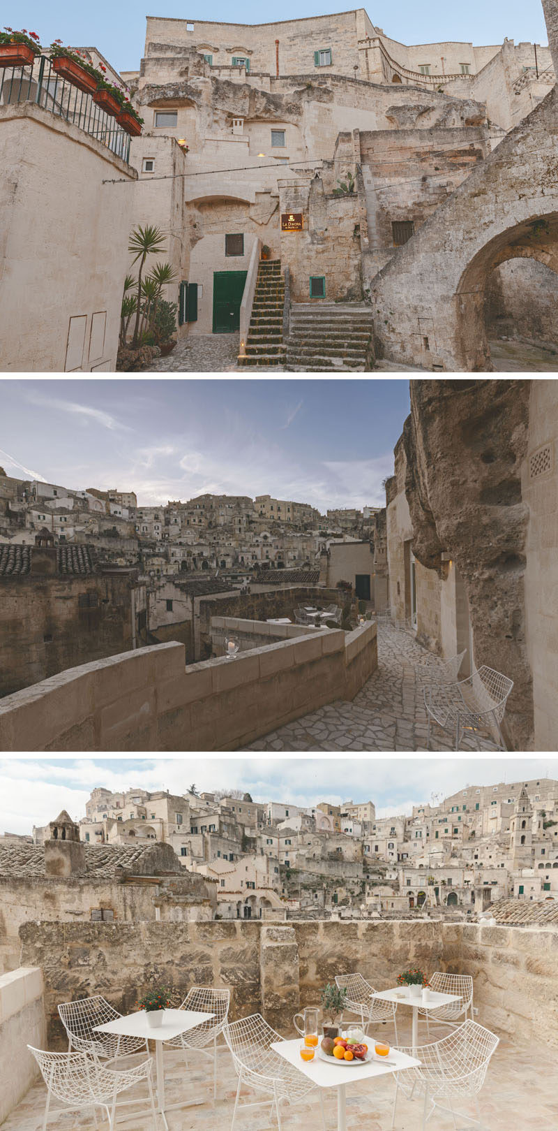 La Dimora di Metello, a hotel in Matera, Italy, combines historic cave-dwellings with contemporary design. 