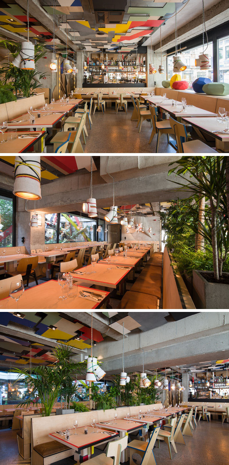 This restaurant serves pizza and pasta under a canopy of colorful ceiling details.