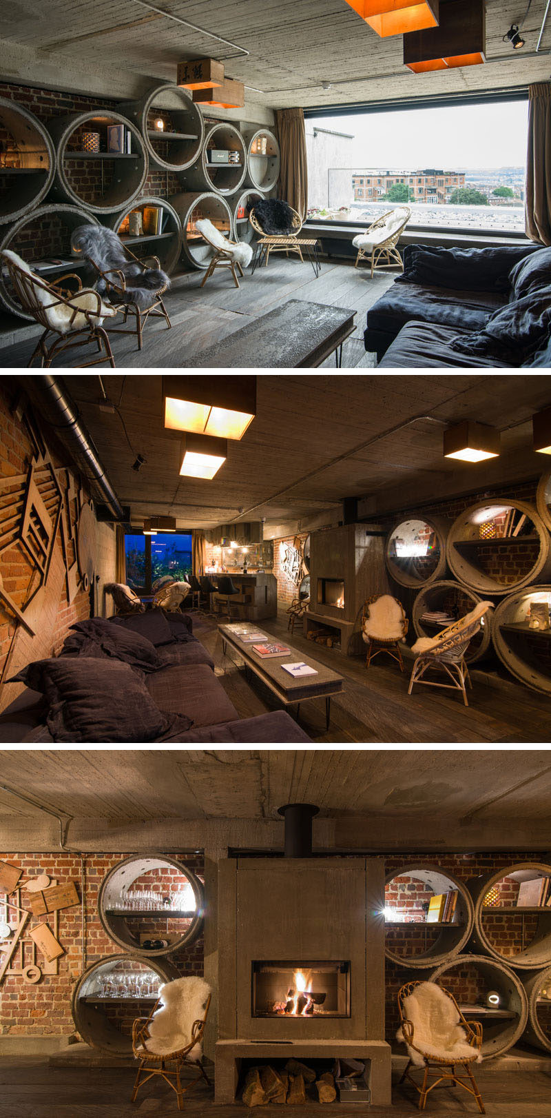 This hotel bar uses concrete pipes as shelving, and a fireplace makes it extra cozy.