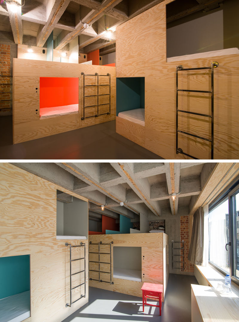 The JAM hotel in Brussels has dormitory style rooms, with pops of color defining the sleeping spaces.