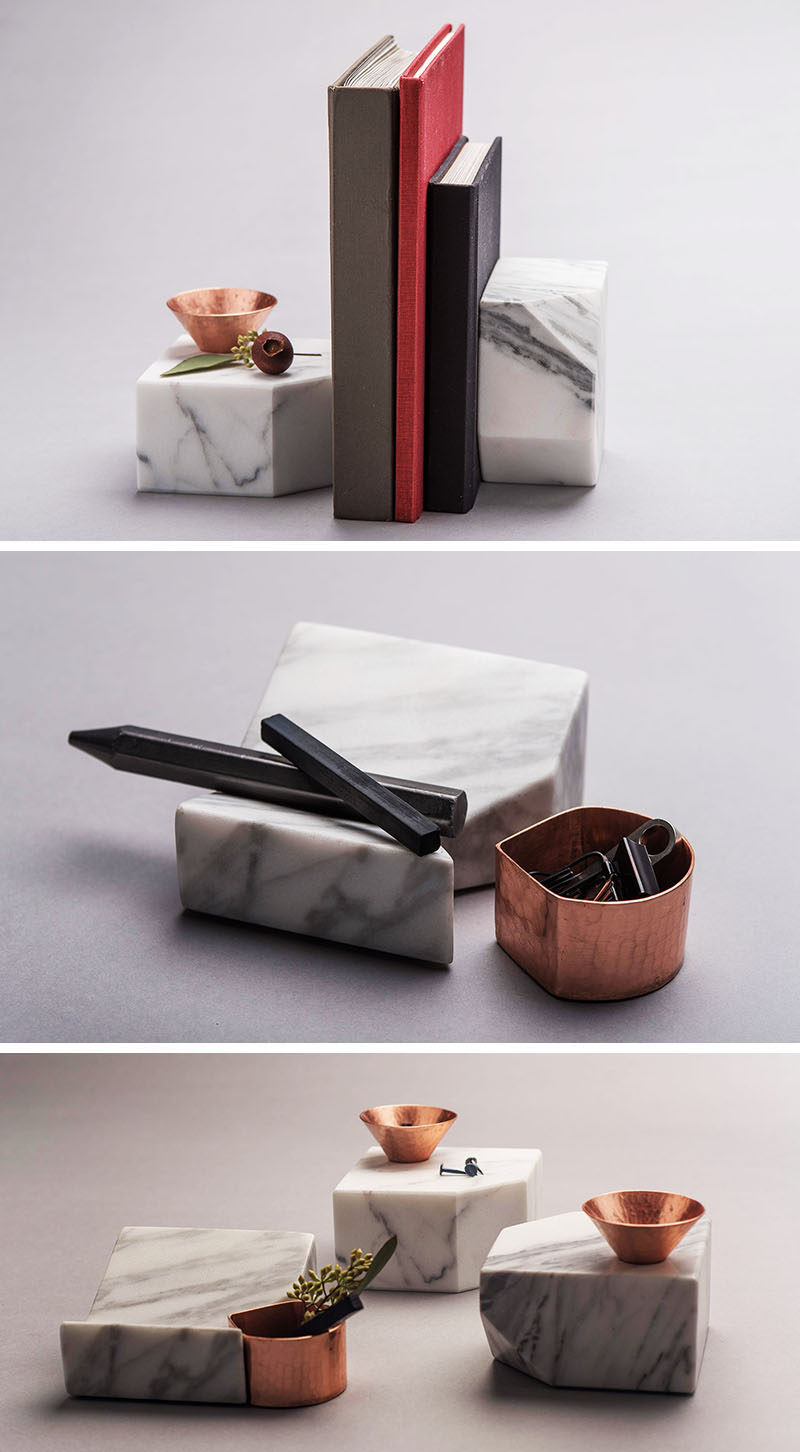 Office Decor Idea - Add A Touch Of Marble // These marble organizers include spots for resting papers or business cards, are heavy enough to be used as bookends, and the copper bits can hold pens, pencils, greenery, or other small things that would normally be scattered across your desk.