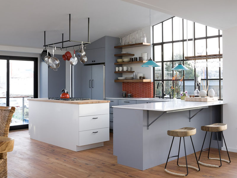 Kitchen Design Idea - Open Shelving (19 Photos) // Floating shelves above part of the counter in this kitchen keep the everyday plates and mugs at arms reach so they’re easy to grab and go.