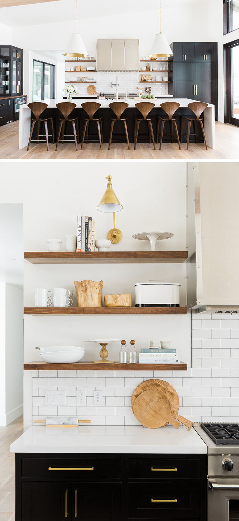 Kitchen Design Idea - Open Shelving (19 Photos) // The open shelving in this kitchen puts things like beautiful cake stands, cutting boards, cookbooks, as well as daily essentials, like butter and coffee mugs, on display for all to see.