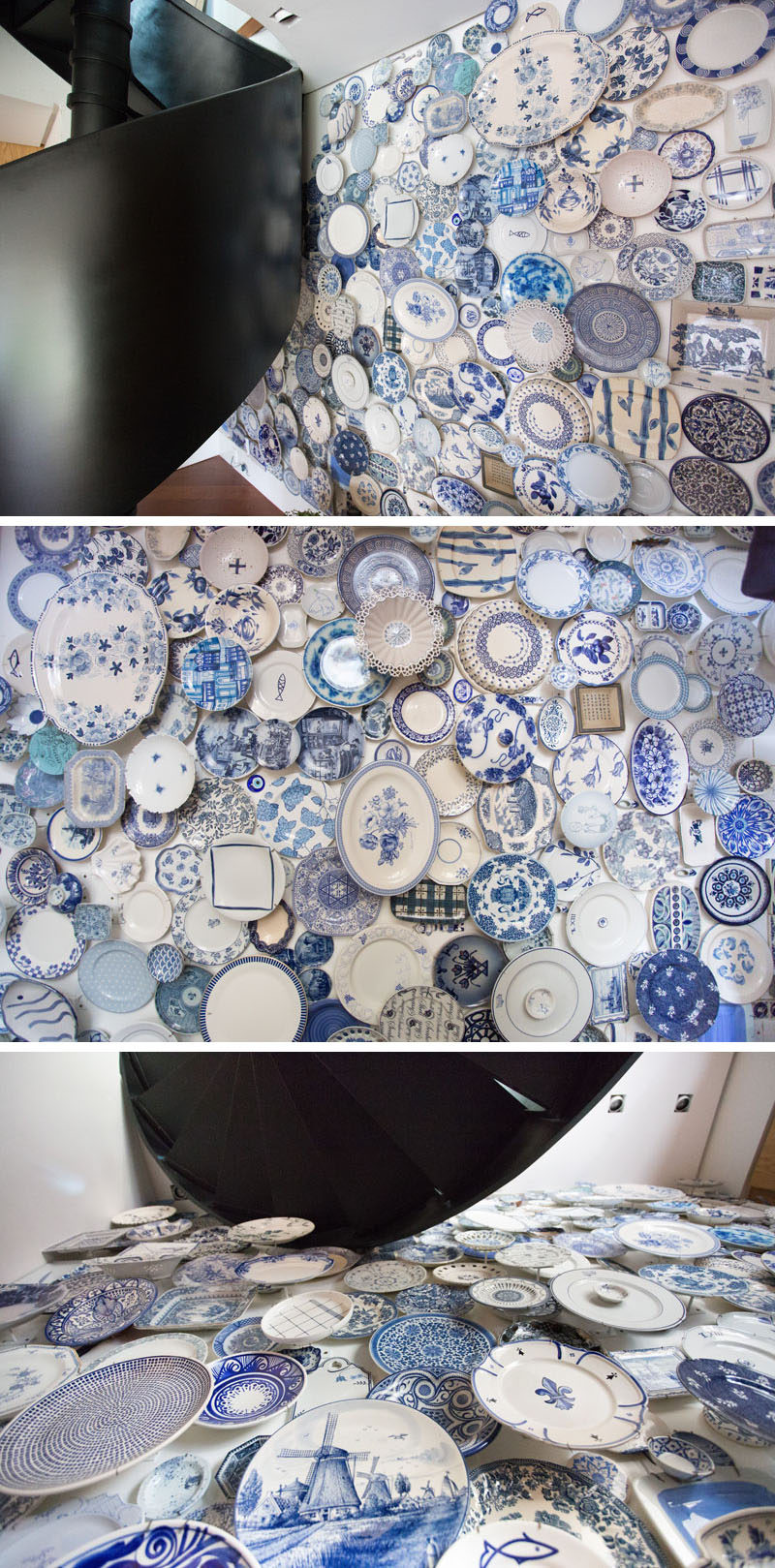 300 blue and white plates were used to create a three-dimensional accent wall.