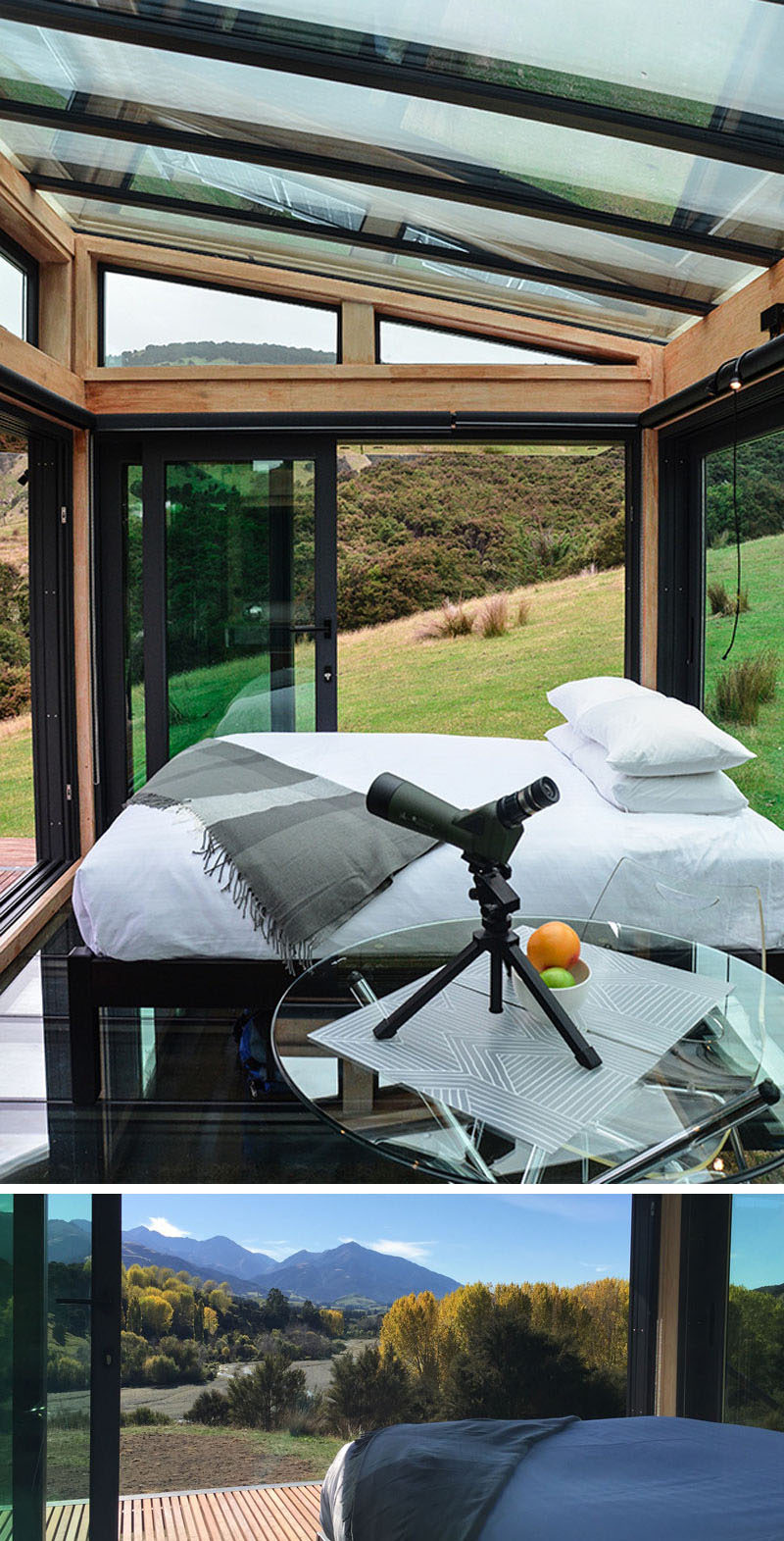 You can hike to and stay in a secluded glass hotel room in the middle of a valley in New Zealand.